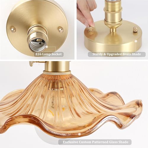 Semi Flush Mount Ceiling Light, Gold Hallway Vintage Lights Fixture Ceiling with Amber Peony Glass, Bulb Included, 4.72" Base Modern Ceiling Light Fixtures for Kitchen Bedroom