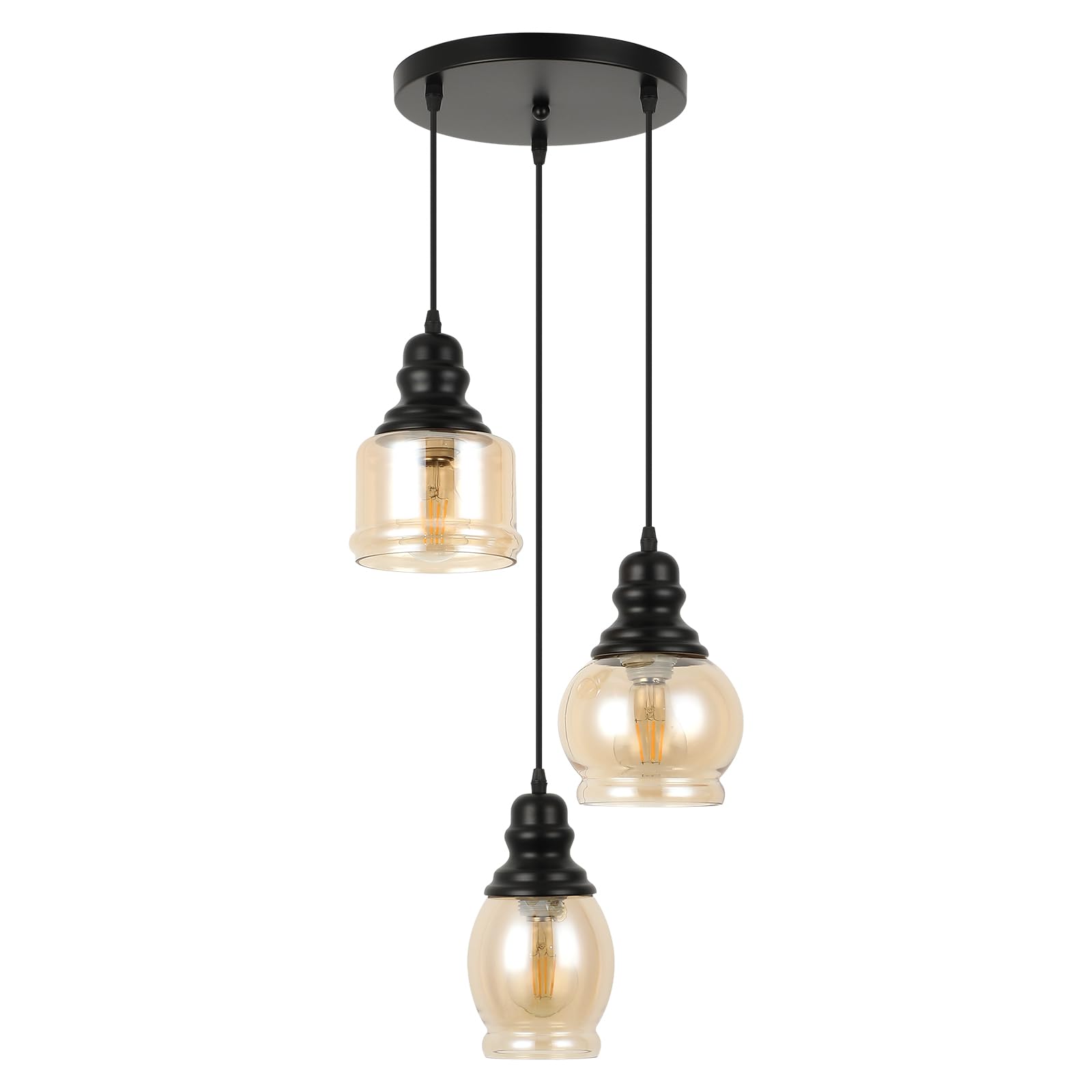 WILON Industrial Pendant Lighting, Pendant Lights for Kitchen Island 3 Light Glass Pendant Light Fixture with Seeded Glass Shade, Adjustable Cord Farmhouse Ceiling Light Black finish Linear Chandelier