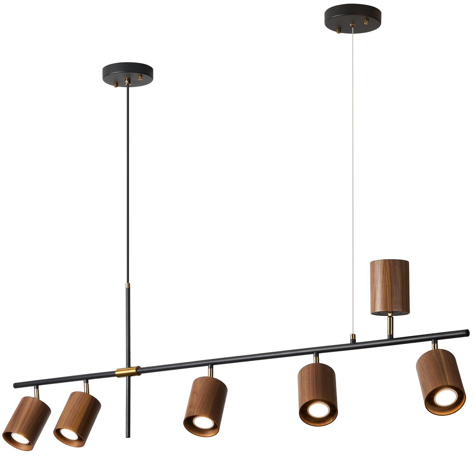 Modern 4-Light Track Lighting Kit Fixture, Adjustable Matte Black Finish and Dark Wood Lampshade Ceiling Light, Brass Swivel Item Kit, for Living Room, Kitchen, Artwork