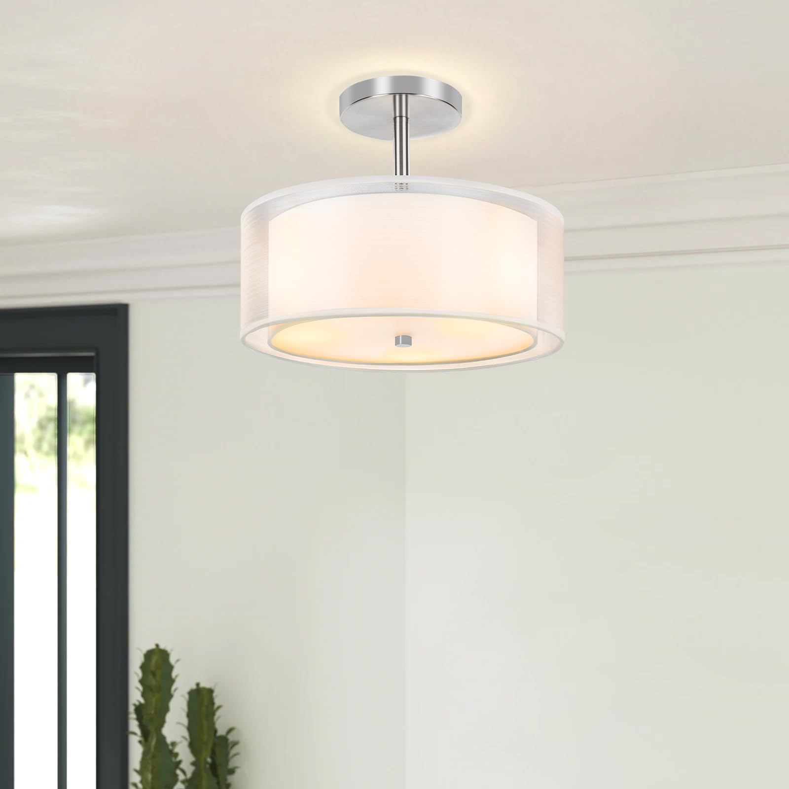 3-Light Semi Flush Mount Ceiling Light Fixture - Easric Modern Light Fixtures Ceiling Mount Drum Light Fixture with Double Fabric Shade Closed to Ceiling Lamp for Bedroom Kitchen Hallway Foyer, White