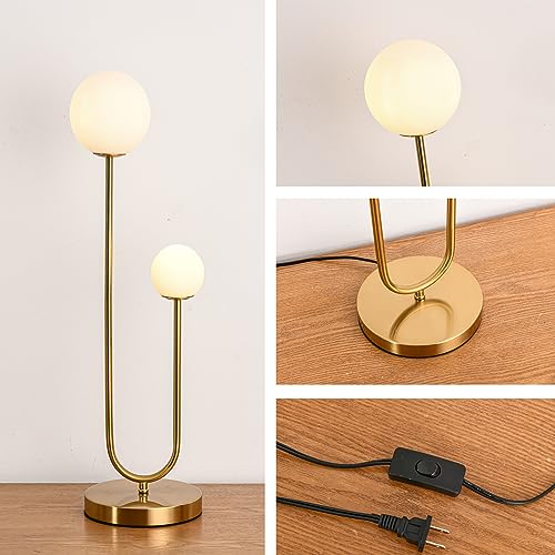 Mid Century Gold Globe Table Lamp Modern U-Shape 2-Light Desk Table Light with Milk White Glass Shade Metal Base Nightstand Lamp for Bedroom Bedside,G9 Bulb