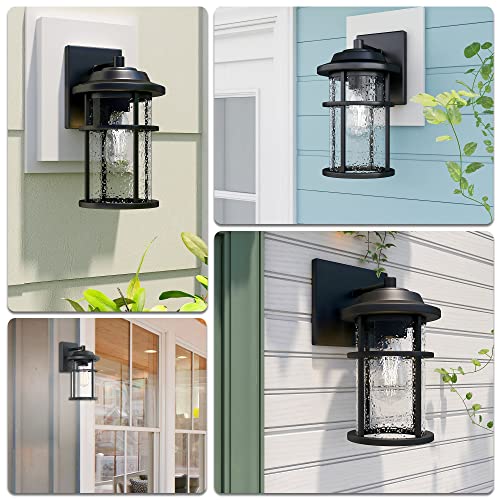 Outdoor Wall Lantern, Exterior Waterproof Wall Sconce Light Fixture, Anti-Rust Black Wall Mount Lighting with Seeded Glass Shade, E26 Socket Front Porch Lights for Outside, Modern House, Garage, Patio