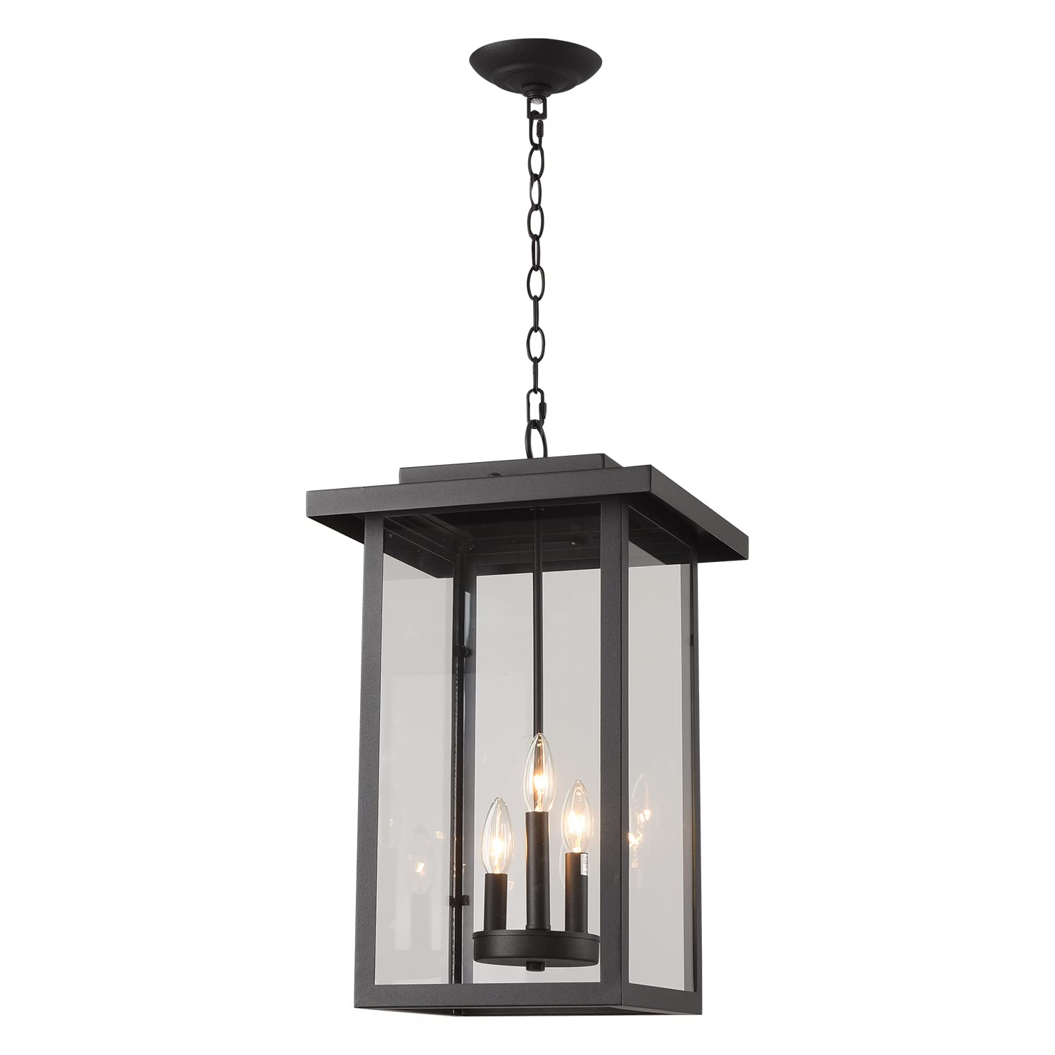 Outdoor Pendant Light Exterior Hanging Lantern, Large Outdoor Hanging Porch Light, Matte Black Finish with Clear Glass, 3 Light Outdoor Chandelier