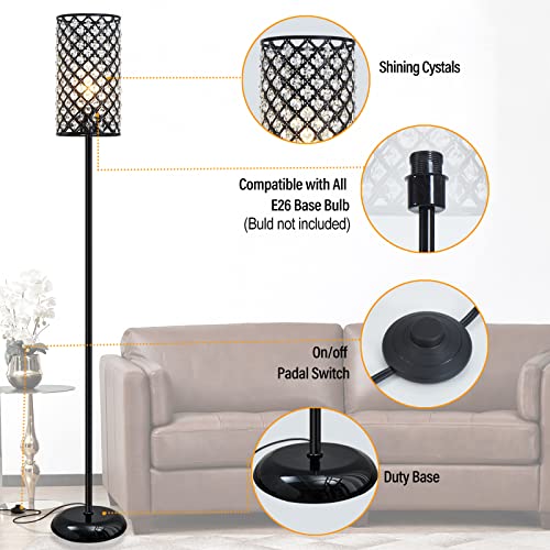 Crystal Floor Lamp, Elegant Standing Lamp Modern Floor Lamp Silver Finish Tall Pole Lamp Accent Light with On/Off Foot Switch for Living Room, Girl Bedroom, Dresser, Office