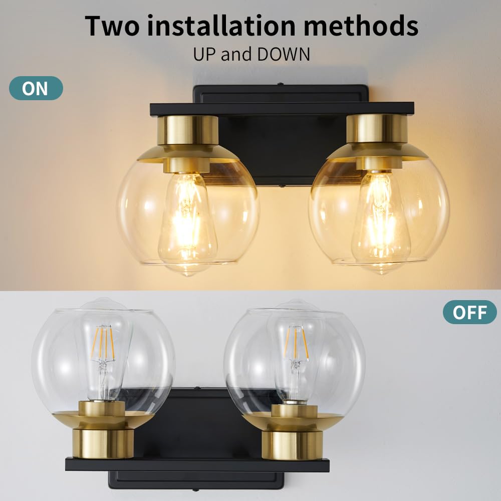 2 Light Black and Gold Vanity Lights for Bathroom Light Fixtures Over Mirror 13.7 in Clear Glass Shade Industrial Wall Sconce