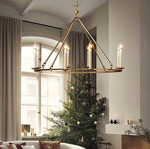 Rustic 35.4'' Chandeliers Candle-Shaped 8-Light Metal Chandelier Lighting Antique Brass Round Ceiling Hanging Light Fixture (8-Light)