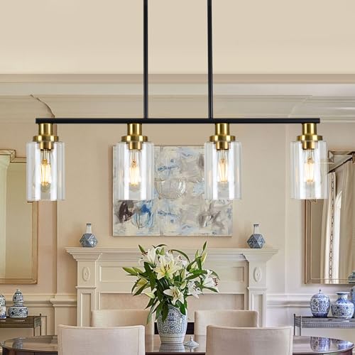 Kitchen Island Lighting, 4-Light Dining Room Light Fixtures Over Table, Gold Linear Chandelier for Dining Room Hanging,Pendant Lights Kitchen Island,with Clear Glass Shade,Height Adjustable