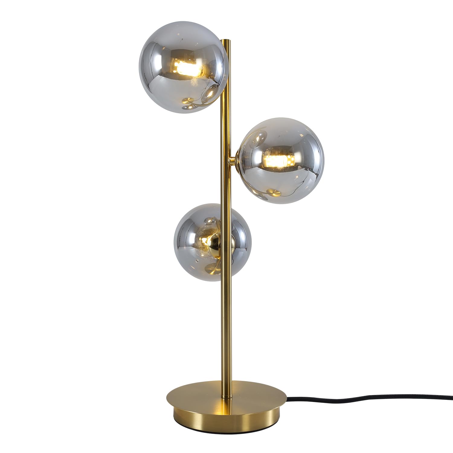 Gold Globe Desk Lamp 3 Lights Mid Century Modern Table Lamp Contemporary Cognac Glass Globe Bedside Lamp for Bedroom Living Room Study Room