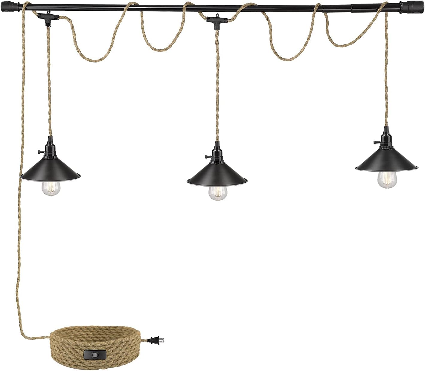 Triple Pendant Light with Plug in Pendant Light,22FT Industrial Hanging Lamp with Twisted Hemp Rope Independent Triple Switch Hanging Light Chandelier,Black Finish