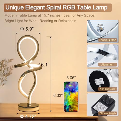 Modern Table Lamp, LED Spiral Lamp, Black Bedside Lamp with Stepless Dimming Switch, Contemporary Nightstand Lamp, LED Lamp for Bedroom Living Room Home Office, 12W, 3200K Warm White