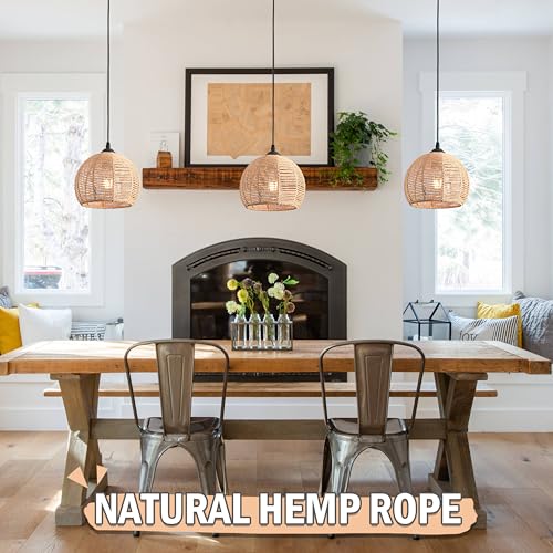 Mini Hemp Rope Woven Pendant Light Woven Light Fixture Boho Chandelier Light Fixture Wicker Pendant Light Rattan Light Pendant Dome Wicker Chandelier for Bedroom Kitchen Island(Bulb Incl.)