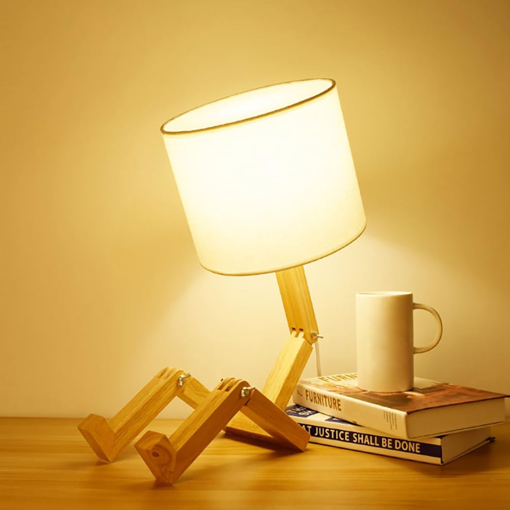 Cute Desk Lamp, Dimmable Robot Table Lamps, Wood Bedside Lamps Nightstand Lamp for Bedroom, Study, Office, Living Room