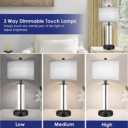 Table Lamps for Bedrooms Set of 2, 26'' Tall Glass Bedside Table Lamp with Dual USB Charging Ports,Touch Bedroom Modern Lamps with Gery Fabric LampShade for Nightstand Living Room,Bulbs Included