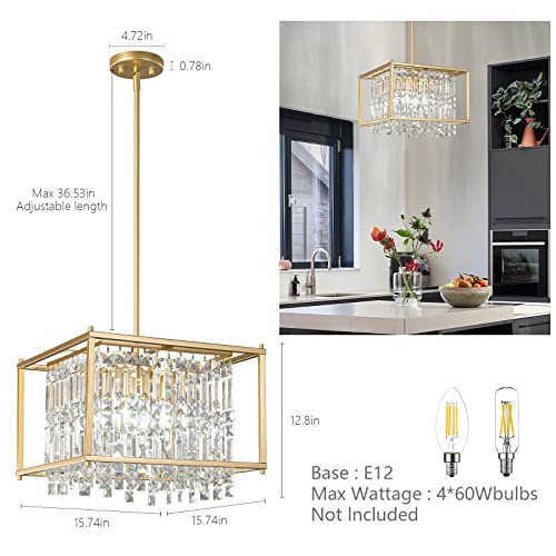 4-Light Dining Room Light Fixture 11.81 inch Square Lndustrial Farmhouse Chandelier Gold Metal Crystal Pendant Light for Kitchen Island Dining Room Living Room Flat and Inclined Ceiling