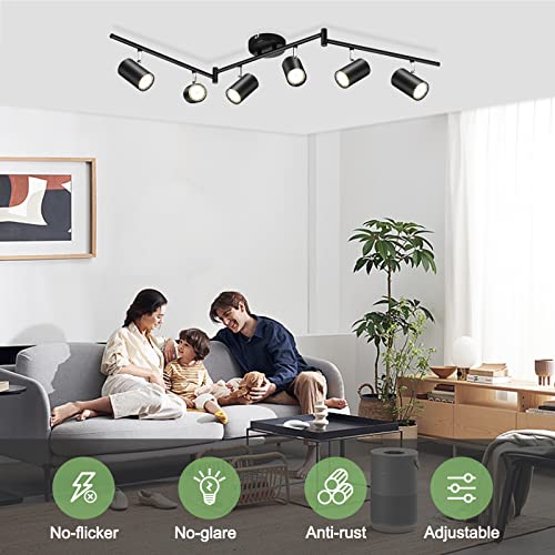 6-Light Black Track Lighting Fixtures for Ceiling, 6 Way LED Track Light Kit with Adjustable Light Heads & GU10 Socket, Adjustable Ceiling Spot Lighting for Kitchen, Dining Room, Bar, Office