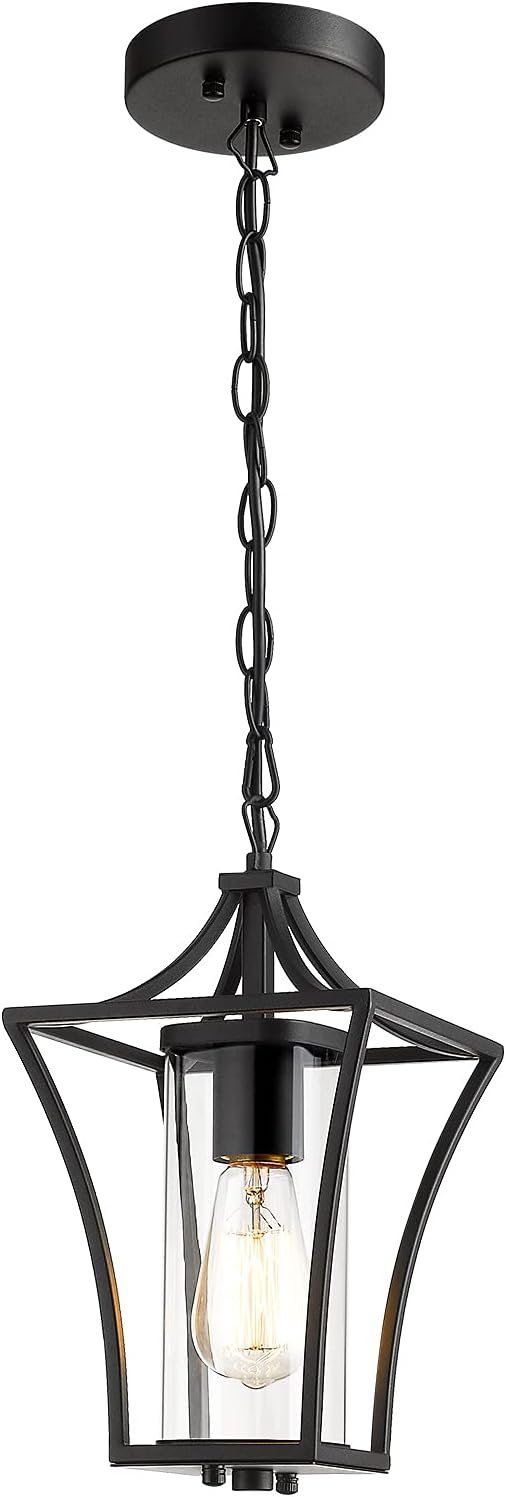 Outdoor Pendant Lights for Porch,Exterior Hanging Light Fixtures,Outdoor Lantern Pendant Light in Textured Black Finish w/Clear Glass Panel - 2451-1H