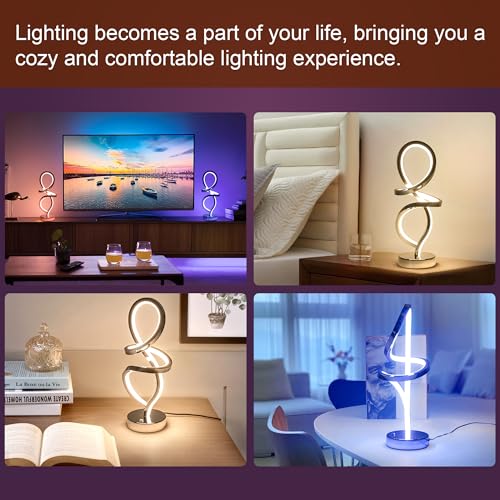 Modern Table Lamp, LED Spiral Lamp, Black Bedside Lamp with Stepless Dimming Switch, Contemporary Nightstand Lamp, LED Lamp for Bedroom Living Room Home Office, 12W, 3200K Warm White