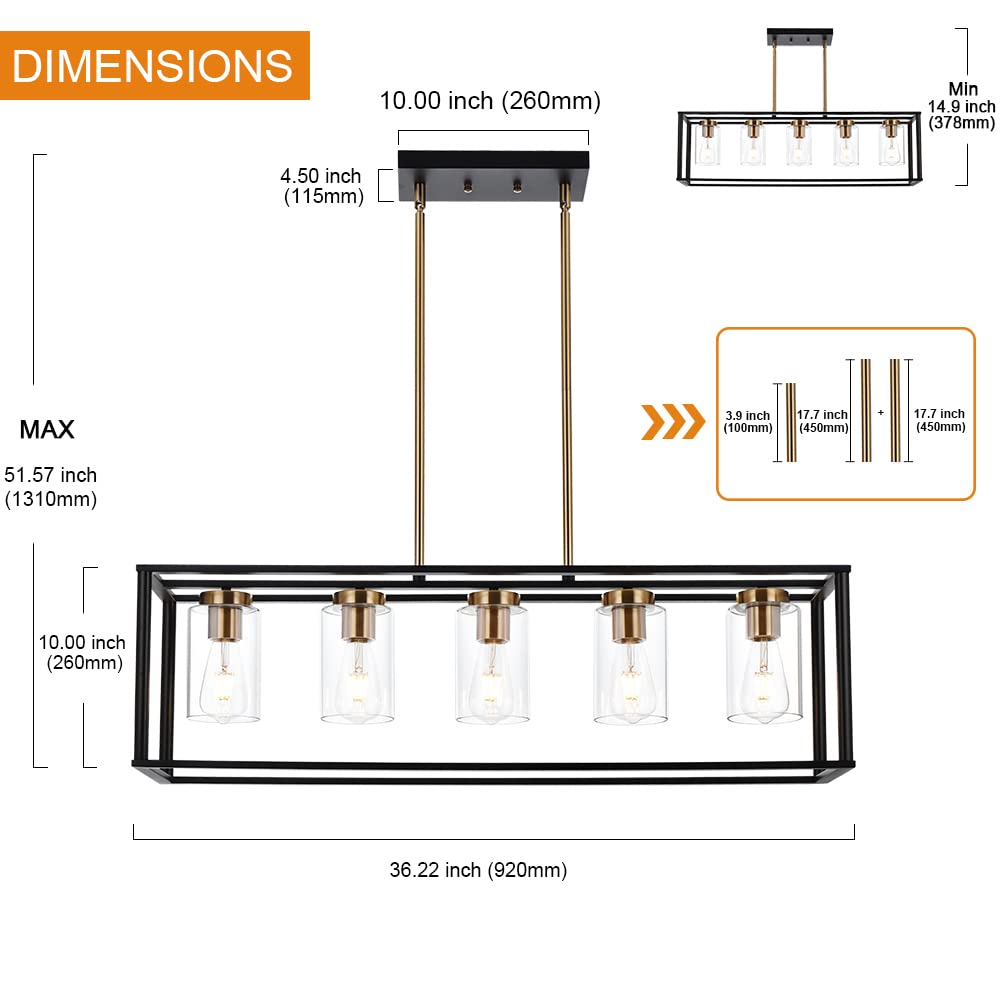 VINLUZ Contemporary Chandeliers Brushed Nickel 5 Light Modern Dining Room Lighting Fixtures Hanging, Kitchen Island Linear Pendant Lights Farmhouse Flush Mount Ceiling Light with Glass Shade