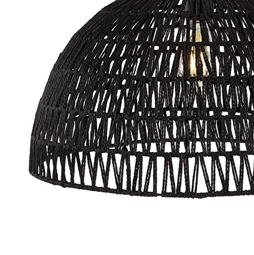 20" 1-Light Bohemian Modern Woven Rattan/Iron LED Pendant Farmhouse Coastal Adjustable Dining Room Living Room Kitchen Island Foyer Bedroom Hallway, Black