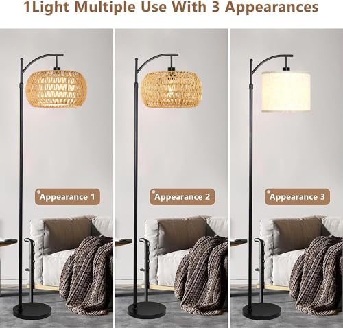 Floor Lamp for Living Room,Bedroom,Boho Rattan Floor Lights,Tree 3 Bulb Standing Lamp Farmhouse Industrial Black Tall Lamp,Wicker Bamboo Lamp Shade Flower Dimmable Floor Lamps Bohemian Decor