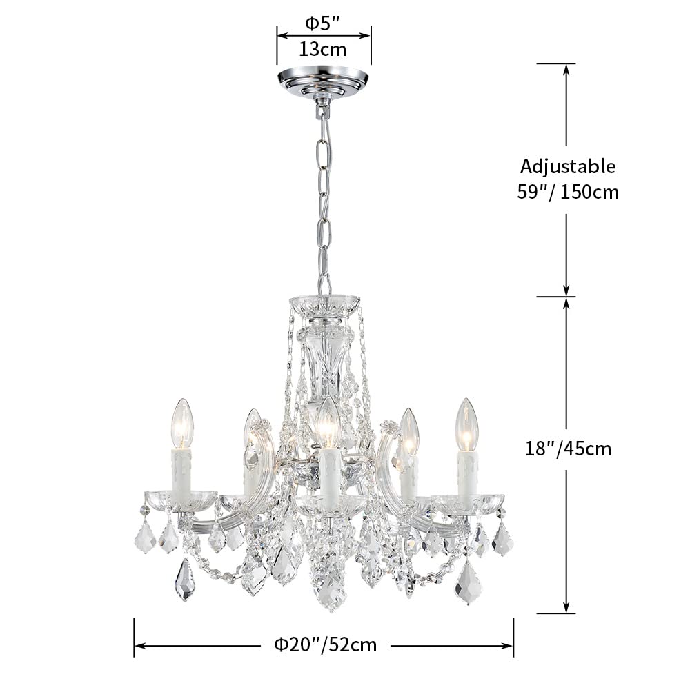 LIGHTING CH001G Modern K9 Crystal Chandelier, Maria Theresa Style Light Fixture, 5-Lights, D20 x H18, Adjustable Chain 59", Shinny Gold Finish Frame