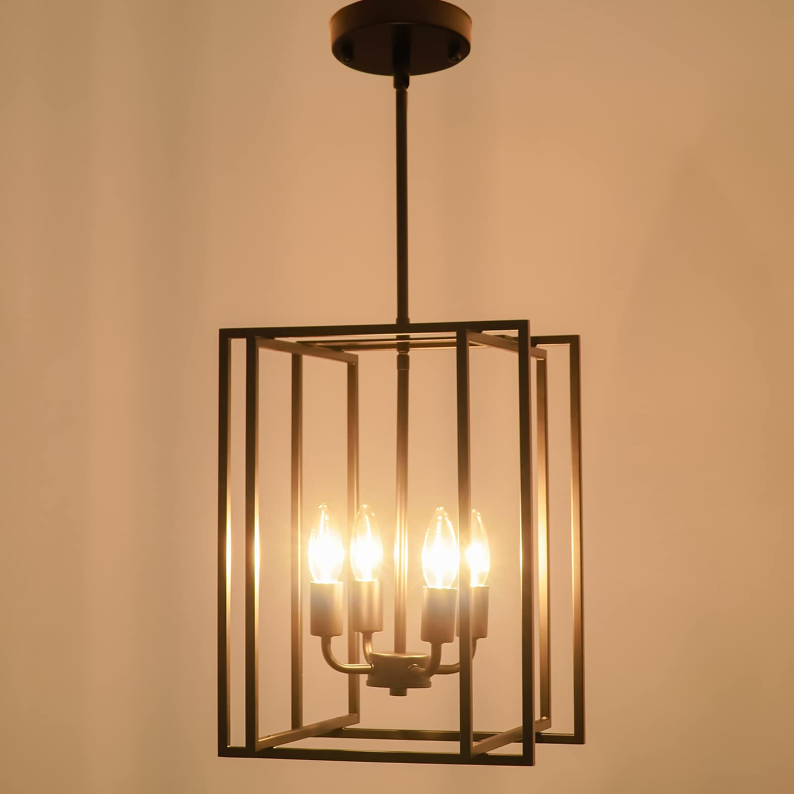 Modern Geometric Chandelier, 1-Light Metal Pendant Light Fixture Black Brass Hanging Ceiling Light Industrial Farmhouse Cube Lighting for Kitchen Island Entryway, E26 Base