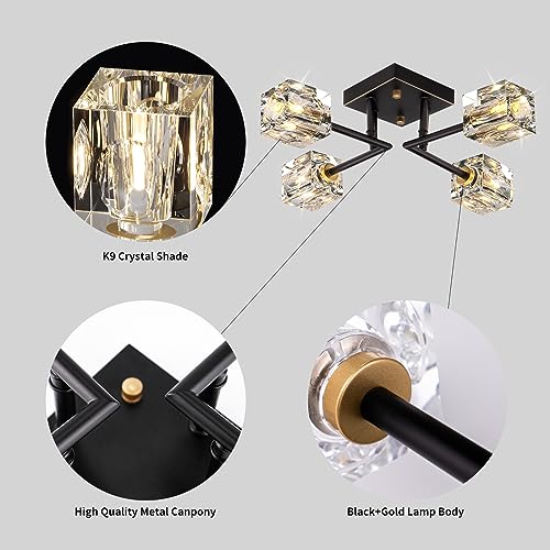 Semi Flush Mount Ceiling Light Fixture Modern 6 Lights Gold Crystal Chandelier,Brushed Nickel Sputnik Chandeliers for Hallway Entryway Bedroom Dining Room Farmhouse Kitchen Office