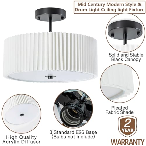 Semi Flush Mount Ceiling Light,12.5 inch Ceiling Light Fixture,Black Flush Mount Light Fixture with Pleated Fabric Drum Shade,Light Fixtures Ceiling Mount for Bedroom,Living Room,Hallway