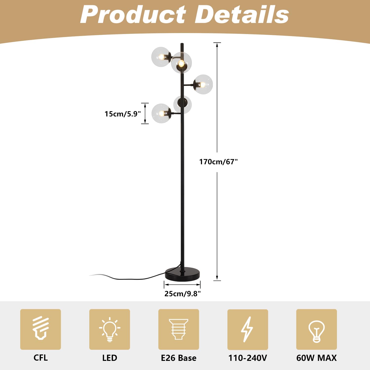 Lighting 5-Light Frosted White Glass Globe Floor Lamp Mid Century Modern Gold Tall Pole Standing Light LED Standing Lamps with Foot Switch for Home Office (Gold)