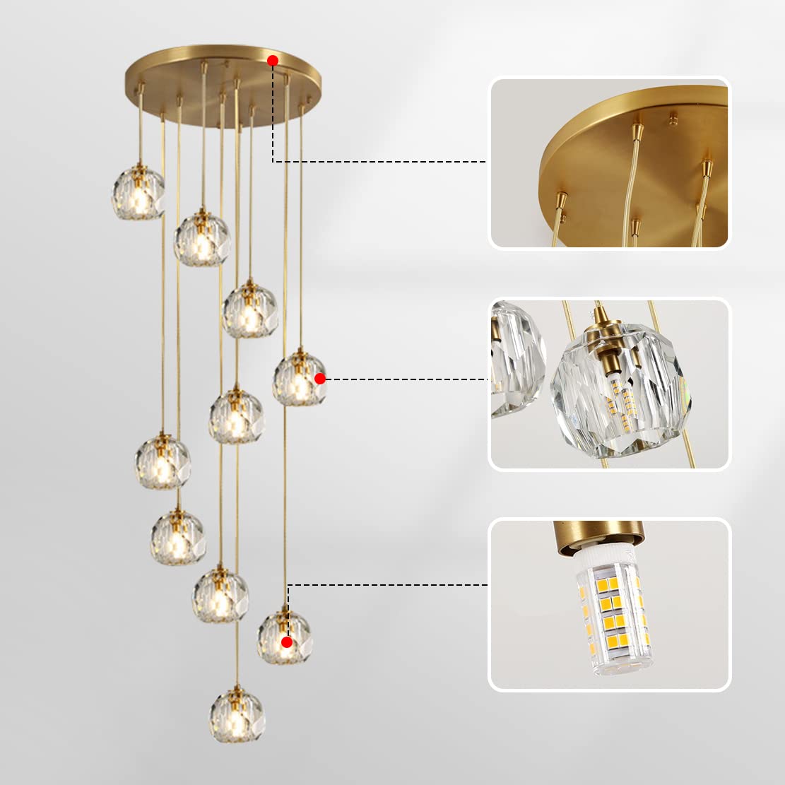 3-Light Cluster Pendant Lighting Crystal Chandelier Gold Hanging Pendant Light Fixture Mid Century Modern Multi Light Pendant Lighting for Dining Room Kitchen Island Bedroom