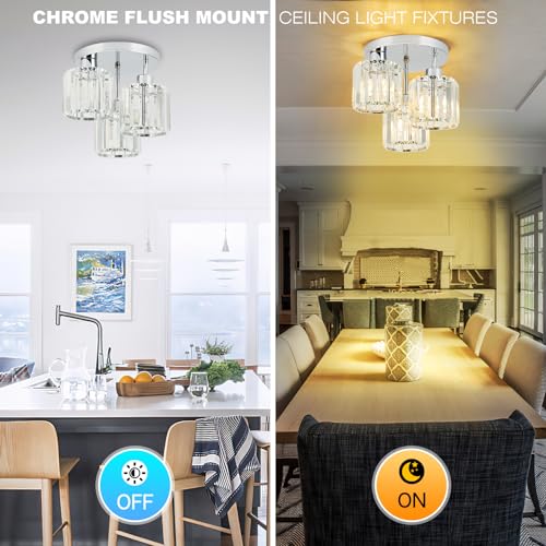 Semi Flush Mount Ceiling Light 3-Light Brushed Nickel Flush Mount Ceiling Light Fixtures with Clear Glass Shade, Modern Kitchen Ceiling Light for Bedroom Stairs Porch Hallway Entryway