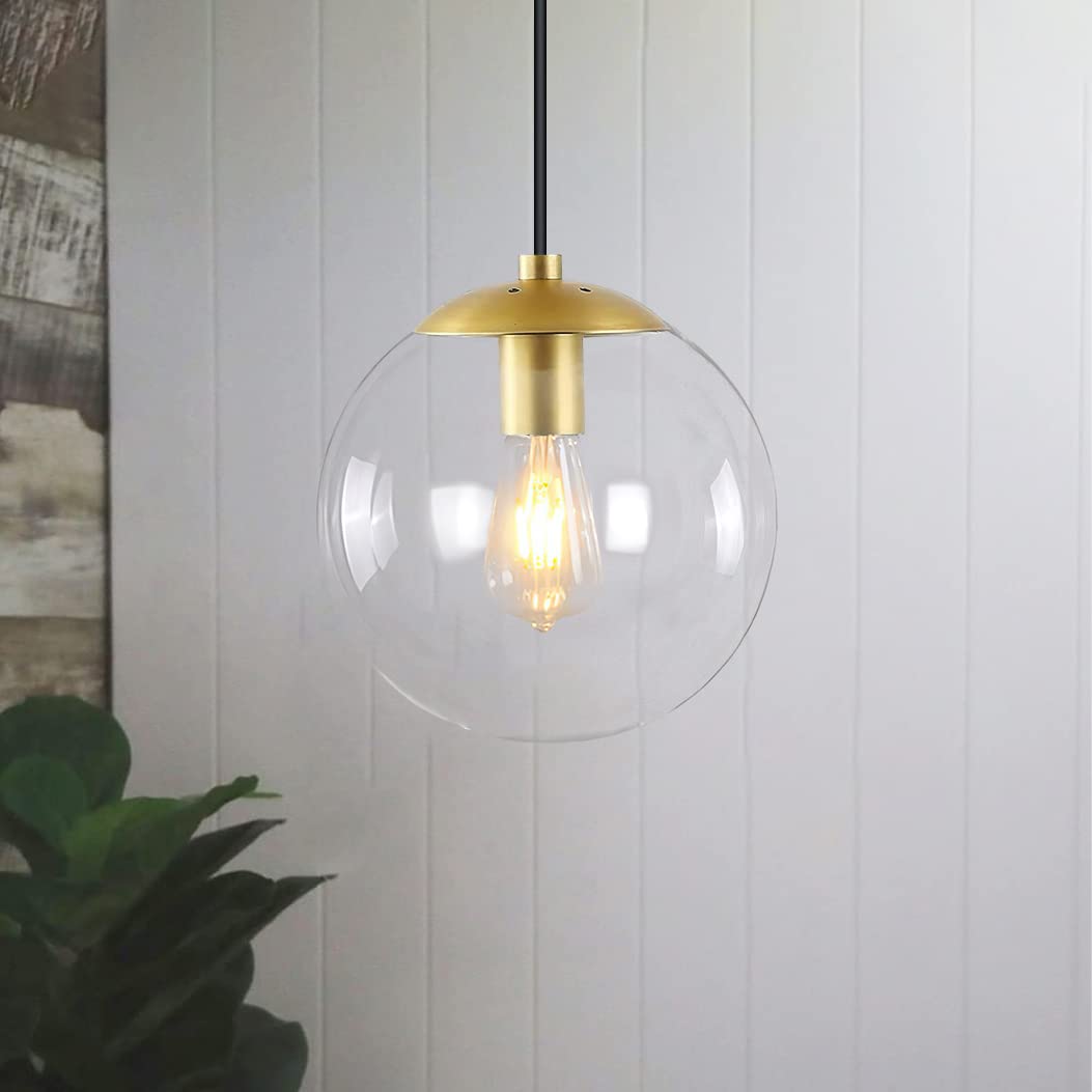 6-inch Mini Modern Globe Pendant Light Clear Glass with Brass Finish Contemporary Mid Century Adjustable Hanging Light Fixture for Living Room Bedroom Kitchen