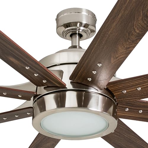 Ceiling Fans Xerxes, 62 Inch Contemporary LED Ceiling Fan with Light and Remote Control, 8 Blades with Dual Finish, Reversible Motor - 51628-01 (Brushed Nickel)