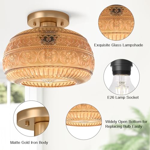 Semi Flush Mount Ceiling Light, Upgraded Modern Close to Ceiling Light Fixture with Clear Glass,Gold Indoor Kitchen Lighting for Porch Corridor Hallway Bedroom, Bulb Not Included