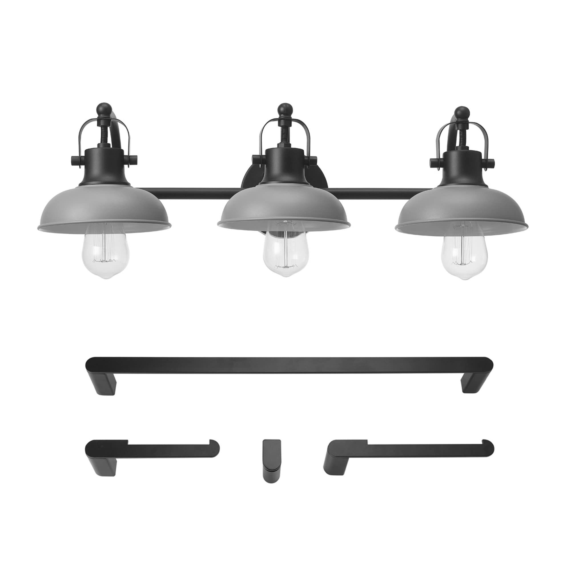 Globe Electric 51710 Bathroom Accessory Set, Matte Black, 3-Light Vanity Light, Towel Bar, Towel Ring, Robe Hook, Toilet Paper Holder, Bathroom Lights Over Mirror, Home Décor, Brooklyn, 5-Piece