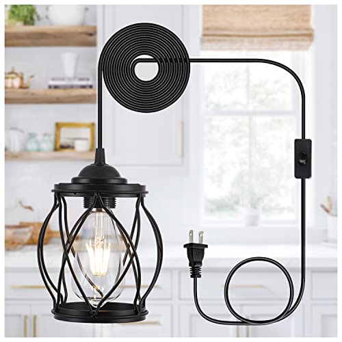 Industrial Black Pendant Light Fixture with Glass Retro Farmhouse Mini Glass Pendant Lighting with Cage Vintage Caged Glass Pendant Light for Kitchen Island, Dining Room, Bedroom, 1-Pack