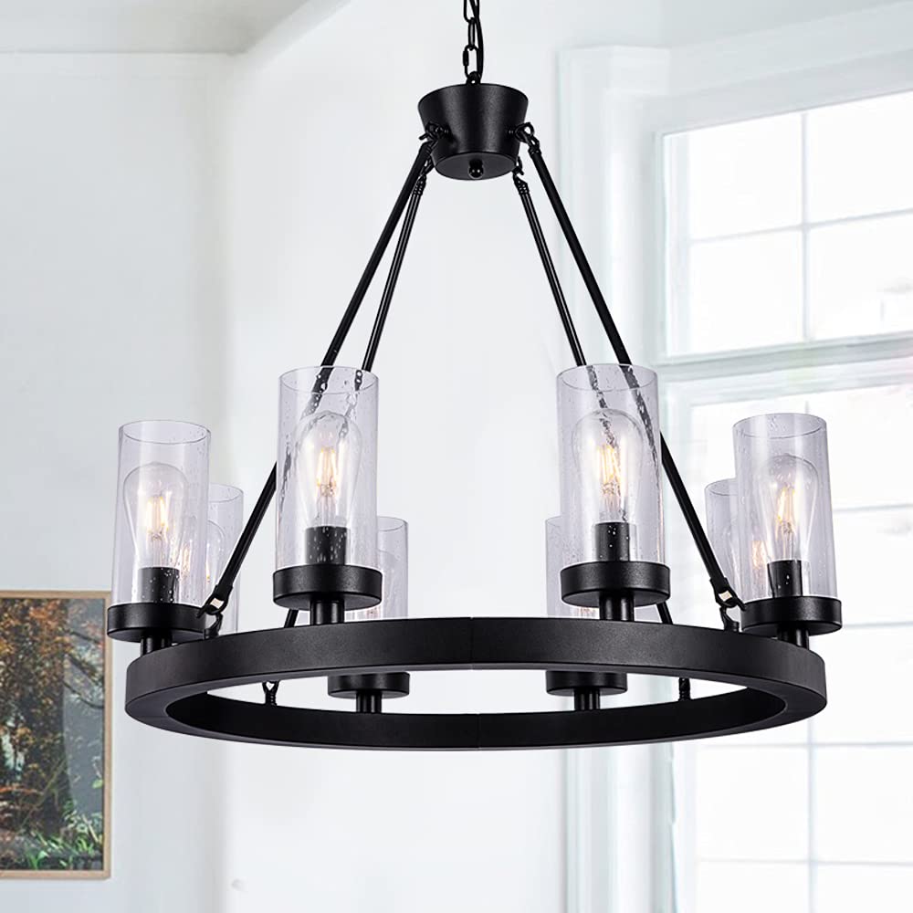 Matte Black Wagon Wheel Chandeliers Bubble Glass Shade, Farmhouse 30” 8-Light Iron Chandelier, Industrial Rustic Hanging Ceiling Light Dining Room Kitchen Bedroom Living Room Foyer Hallway