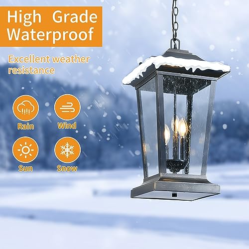 Large Outdoor Pendant Light, 3-Light Outdoor Chandelier, Retro Exterior Hanging Lantern, Hanging Outdoor Light Fixture for Porch, Seeded Glass Sheet with Matte Black Finish