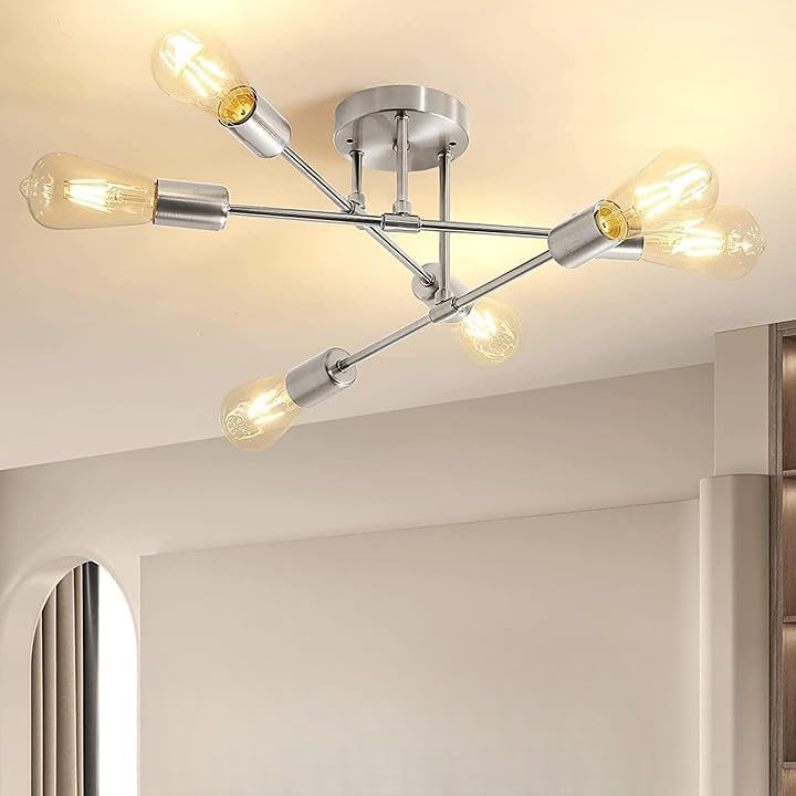 Modern Sputnik Chandelier, Silver Semi Flush Mount Ceiling Light E26 Base Industrial Chandelier for Bedroom Dining Room Living Room Hallway(8-Lights,Bulbs not included)