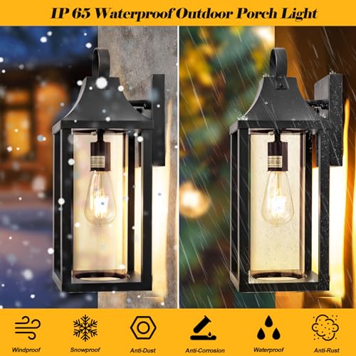 Large Outdoor Wall Light 17" H Light Fixture with Cylindrical Clear Glass Modern Wall Sconce for Patio Porch Courtyard, E26 Base IP65 Waterproof, Rustic Wood