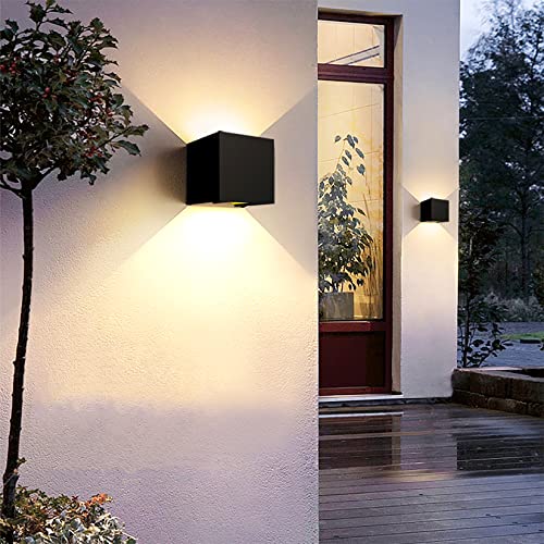 2 Pack LED Outdoor Wall Lights Exterior/Interior, Up and Down Lights IP65 Waterproof Wall Sconces, Square Aluminum Outdoor Wall Lighting Fixtures, Modern Black 12W 3000K Warm Lights