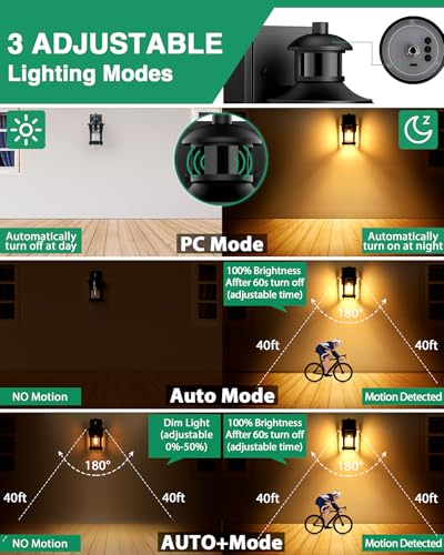 Motion Sensor Outdoor Lights, 3 Lighting Modes Porch Light Fixture for House, Dusk to Dawn Exterior Wall Light, Waterproof Aluminum Anti-Rust Lantern for Garage Entryway, Motion Activated