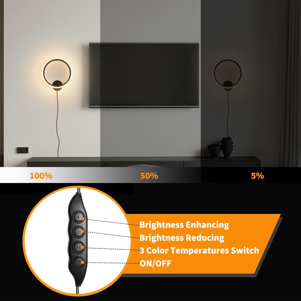 Modern Plug in Wall Sconces Set of 2, RC Dimmable LED Black Plug in Wall Light with Timer, Sconces Wall Lighting with Memory Function, Wall Mounted Light Plug in Cord On/Off for Living Room Bedroom