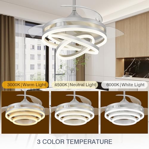 42 Inch Retractable Ceiling Fan, Chandelier Ceiling Fans with Lights, Silent DC Motor, 6 Speeds, 3 Color Changing for Bedroom Living Room (Gold)