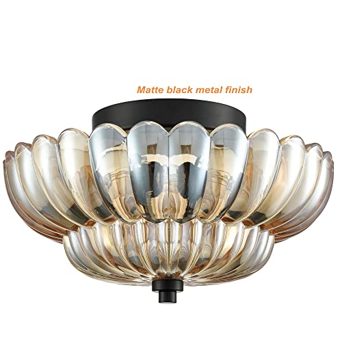 Modern Black Ceiling Light Traditional Semi Flush Mount Ceiling Light with Scalloped Clear Glass for Living Room Hallway Close to Ceiling Light Fixture