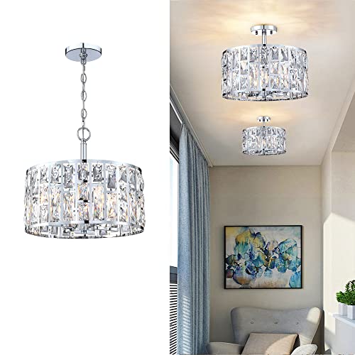 MEXO Farmhouse Crystal Round Semi Flush Mount Close to Ceiling Light Fixture, Drum Shade 3LT Ceiling Lamp for Kitchen Island Dinning Room Bedroom, Hallway Black Finish