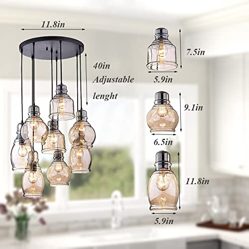 Vintage Kitchen Island Lights Fixtures 8-Light Linear Glass Chandelier, Cognac Glass Hanging Pendant Lighting Rustic Ceiling Lights Fixtures with Round Plate for Dining Room Cafe Bar