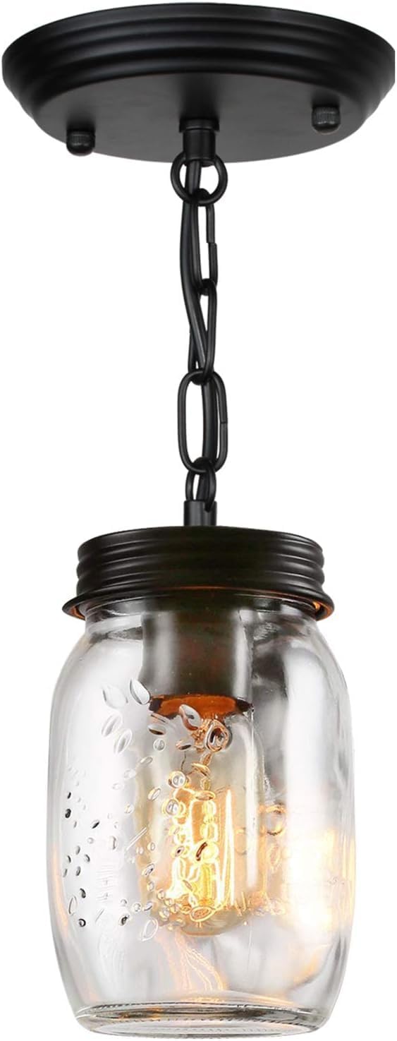 Glass Mason Jar Light Fixtures Single Pendant Ceiling Light 1-Light Flush Mount Black Country Farmhouse Lights for Kitchen Dining Room Foyer Stairway Hallway Entryway Porch…