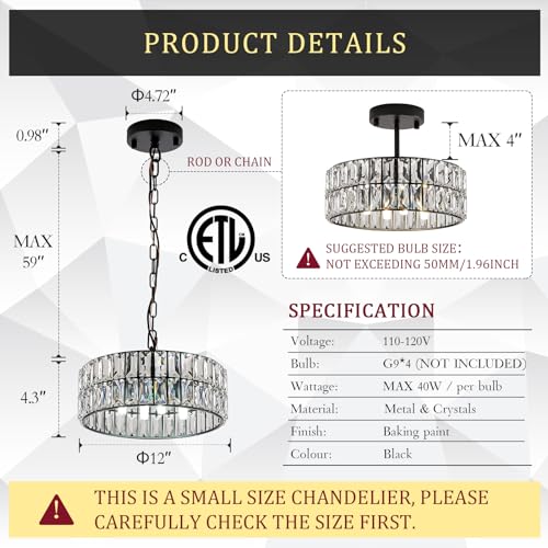 Gold Crystal Chandeliers, Modern Semi Flush Mount Chandelier 4-Ligh Drum Crystal Ceiling Pendant Light Fixture 12” for Foyer Entryway Kitchen Hallway Dining Room