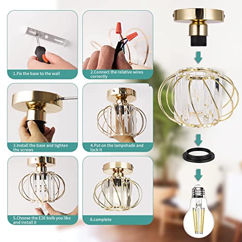 Semi Flush Mount Ceiling Light - Gold Light Fixture Flush Mount Light Metal Cage Close to Ceiling Light fixtures Hallway Light Fixtures Ceiling for Bedroom Living Room Kitchen Bathroom Entryway